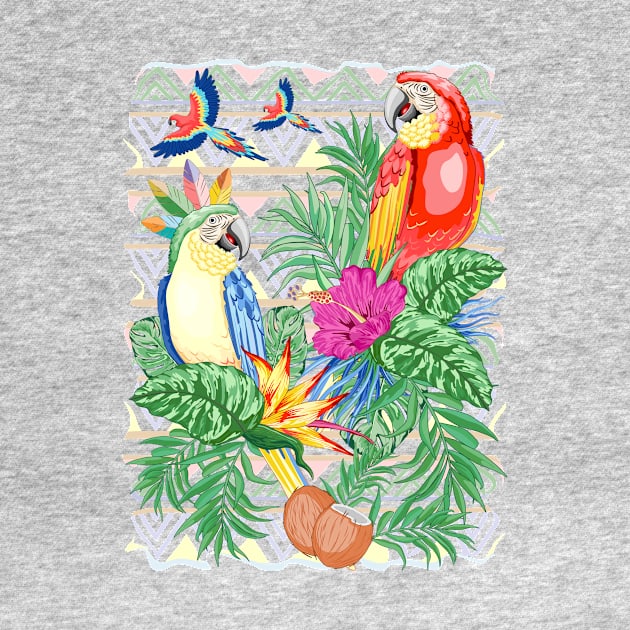 Macaws Parrots Exotic Birds on Tropical Flowers and Leaves by BluedarkArt